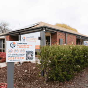 Golden Plains Accountants + Advisors outdoor sign with office building in background in Geelong, Australia